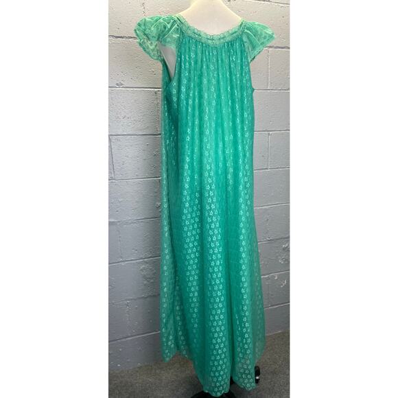 Vintage 1950s Green Nylon Chiffon Nightgown Floral Embroidered Semi Sheer Large - Picture 7 of 11